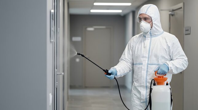 Cleaning specialist in a hazmat suit holding a disinfectant spray
