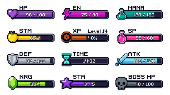 Set of pixel art video game progress bars with health mana stamina and experience icons on white background, illustrating digital gaming interface design and provides retro arcade assets