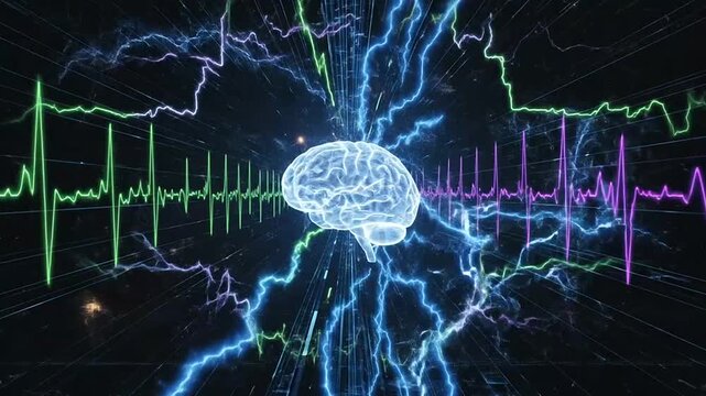 A glowing human brain floating amidst digital data streams and electric energy pulses