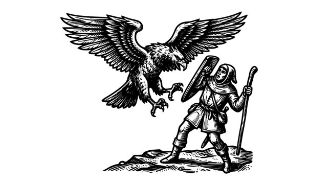 Vintage hand drawn engraving vector illustration of a medieval traveler defending himself with shield from a giant attacking eagle