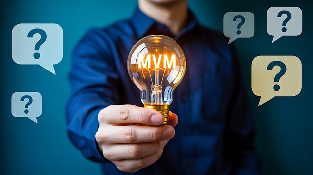 Mvm concept with glowing light bulb and question marks representing business solutions