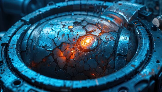 Glowing molten metal core inside a mechanical industrial machine structure