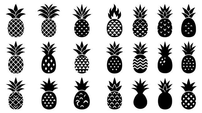 Tropical pineapple fruit silhouette icon set vector illustration featuring stylized food patterns geometric shapes and exotic leaf crown designs