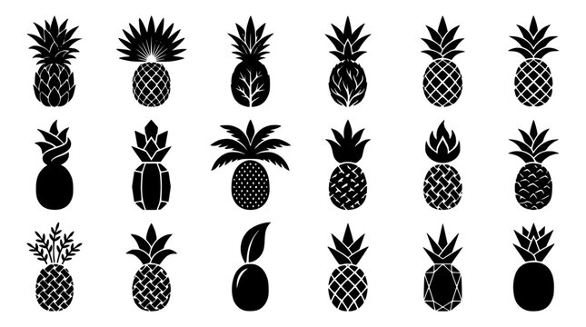 Tropical pineapple fruit silhouette icon set vector illustration featuring various stylized sweet food shapes and exotic leaf crowns