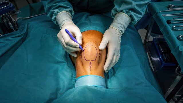 Surgeon marking patient's knee for replacement surgery