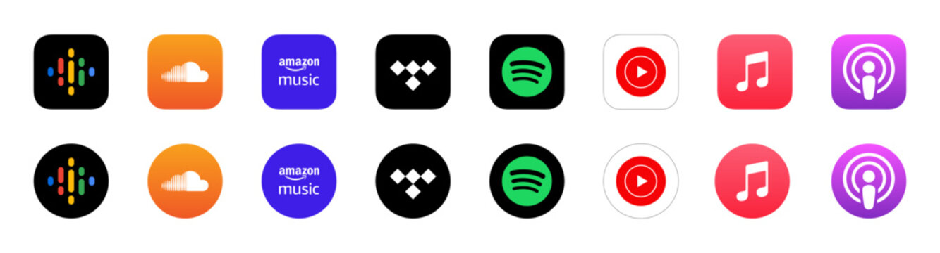 Streaming music podcast app logo icons set soundcloud, spotify, youtube music, Apple Podcasts collection