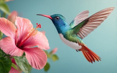 Obraz premium Colorful hummingbird with iridescent feathers feeding from pink tropical flower