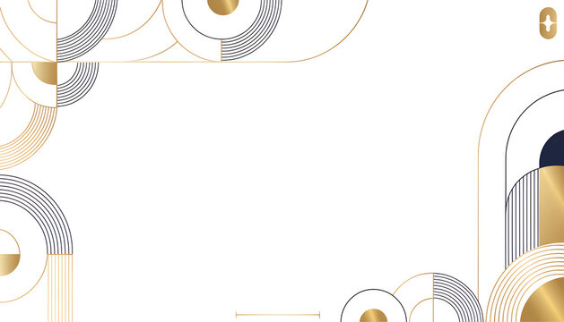 Elegant geometric art deco background with gold and silver curves on white copy space