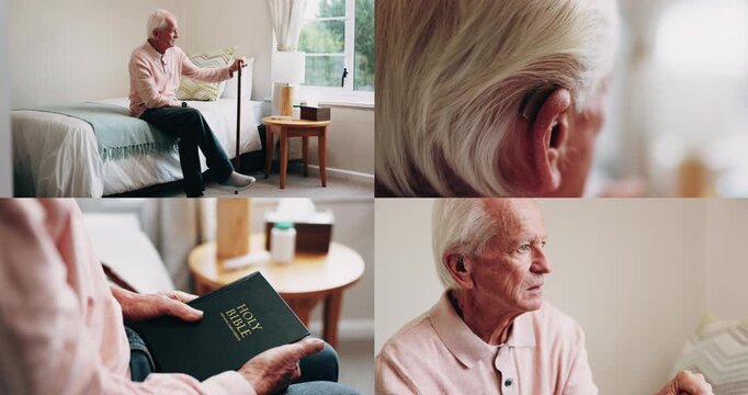 Elderly, man or montage in retirement home for medical help, life insurance or bible study. Senior, male person or series with cane, holy book or hearing aid for health, faith or religion in house