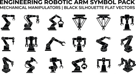 Obraz premium Engineering, robotic, arm, symbol, pack, mechanical, manipulator, black, silhouette, flat, vector, icons, set, automation, manufacturing, factory, technology, equipment, production, machinery,
