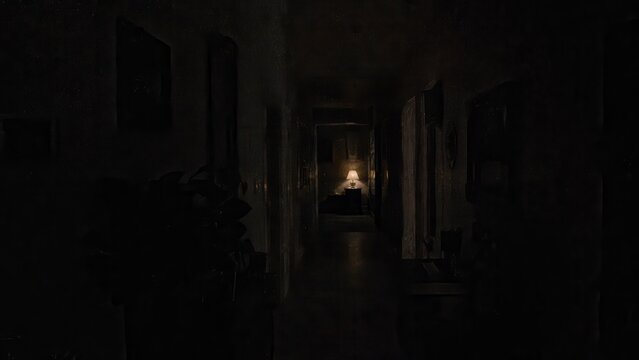 POV simulation of nyctalopia night blindness in dark hallway
