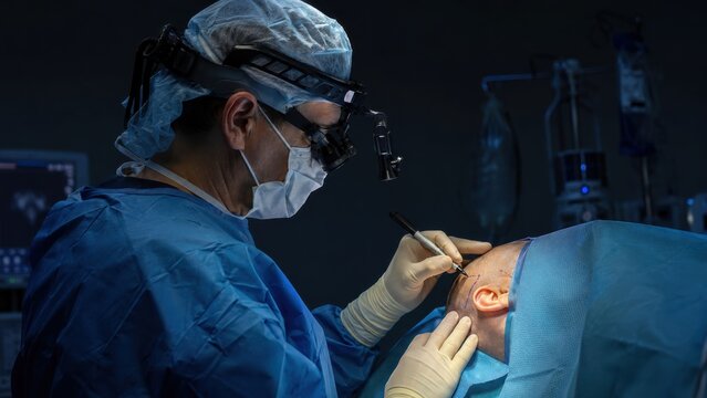 Neurosurgeon marking patient temple for craniotomy