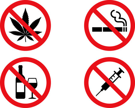 Prohibited signs set including alcohol drugs tobacco and marijuana vector