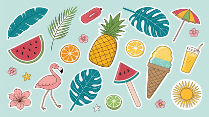 Obraz premium Colorful tropical sticker set with all set against light pastel background playful