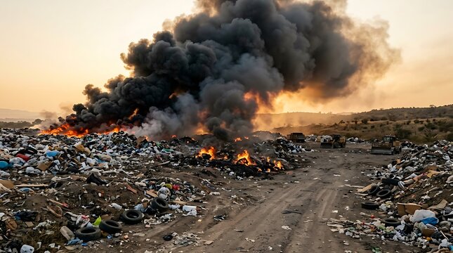 Environmental Disaster Caused by Massive Illegal Burning of Trash at an Open Air Landfill Site at Sunset