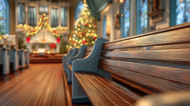 Empty wooden church pews with blurred festive decorations and tree