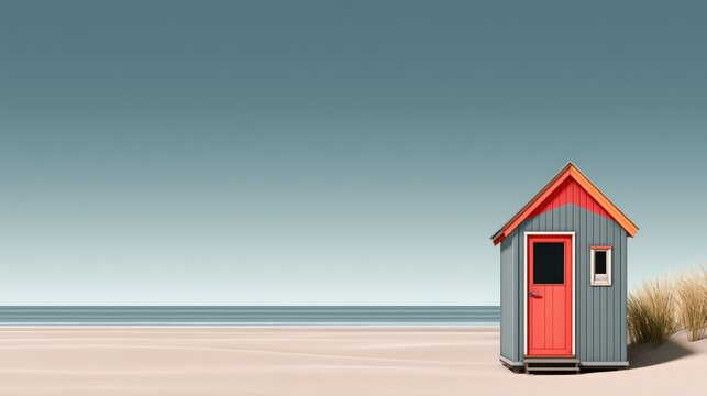 Small colorful hut on a minimalist sandy beach horizon.