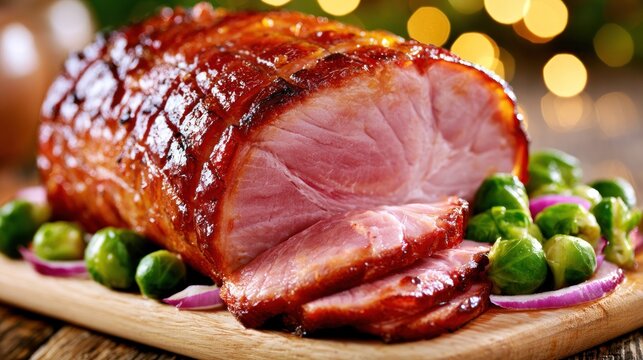 Sliced roast ham on rustic wooden board
