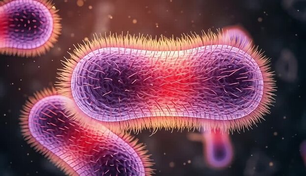 Bacteria cell division animation showing purple microorganisms replicating under a microscope for medical research and scientific biology motion footage