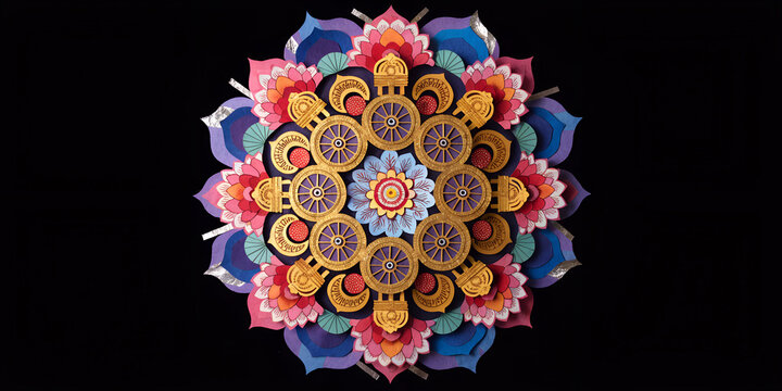 Decorative mandala wheel with floral motifs in paper craft style. Intricate circular geometric design for spiritual, yoga, cultural, and festive wallpaper art.mandala, wheel, chakra, flower, paper cra
