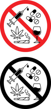 No drugs and alcohol prohibited sign set with prohibited forbidden narcotics