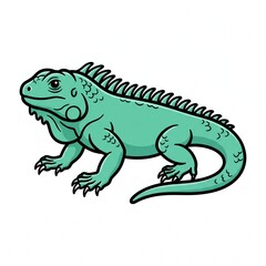 Fototapeta premium Green iguana lizard walking on white background. Detailed reptile illustration isolated for design projects and educational use.
