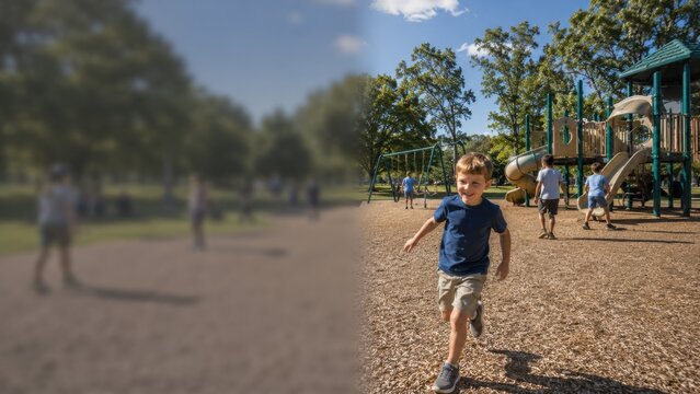 Amblyopia vision simulation of children on a sunny playground