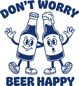Retro cartoon beer bottles character mascot holding hands design with character