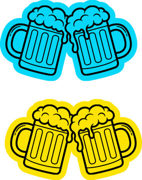 Pair of toasted beer mugs clinking together sticker set vector graphic