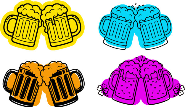 Set of four colorful clinking beer mugs stickers vector illustration with clinking