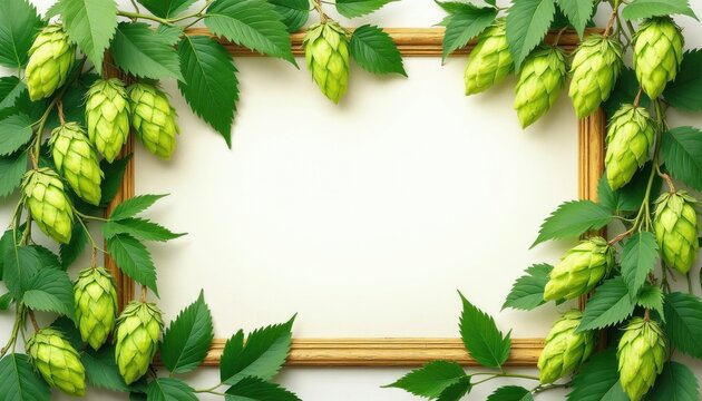 Green hop plant cones with fresh leaves border blank wooden frame. Botanical illustration of brewing ingredient features detailed flora vines. Natural organic design serves as rustic background for