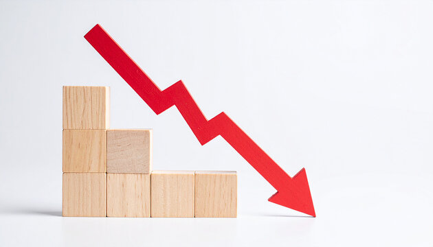 Minimalist graph wooden blocks with red arrow pointing downward, isolated on white background, business risk and financial decline, economic loss. Close-up.