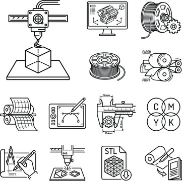 3D Printing and Rapid Prototyping Icon Set with CAD Software Modeling, Filament Spool, Laser Engraving, and Digital Graphic Design Studio Symbols