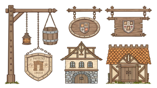 Medieval village elements set with two distinct rustic cottages