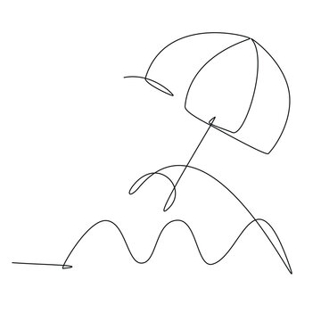 Continuous line art drawing featuring a minimalist beach umbrella and ocean waves perfect for modern summer vacation designs and clean graphic elements