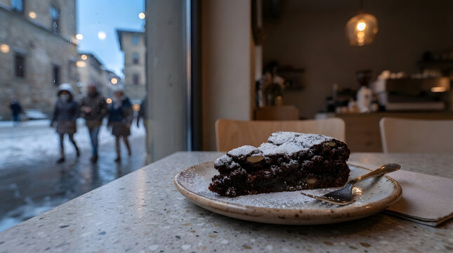 Slice of Italian torta caprese (flourless chocolate cake with almonds and powder sugar) on plate in an indoors cafe background at evening cold days. Cafe, casual, bakery, or snacking time ideas