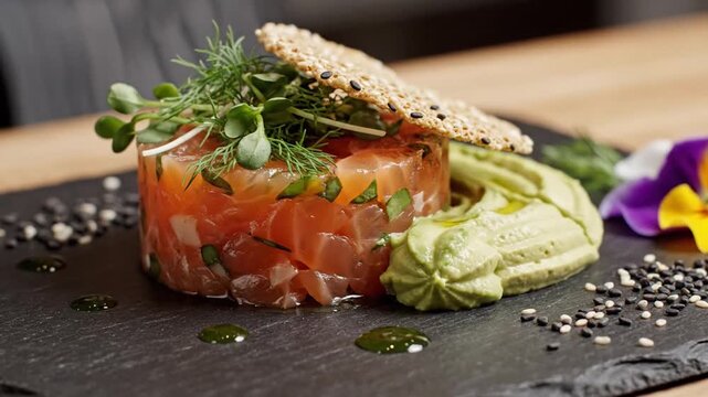 A chef prepares a fresh raw fish tartare on a stone plate