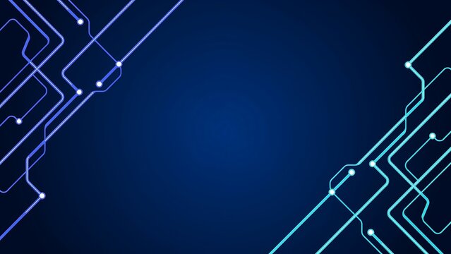 A futuristic circuit board design glows with blue and purple lights on a dark background
