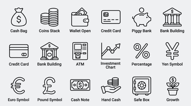 Finance icon set outline style for money and banking transactions like cash bag coins stack wallet open credit card piggy bank and bank building.