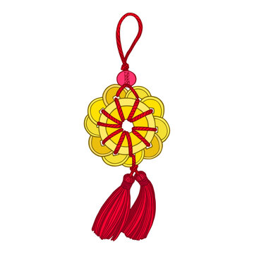 Chinese New Year flower knot vector ornament with colorful tassel decoration