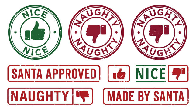 Set of vintage vector rubber stamp illustrations featuring santa naughty and nice list holiday labels