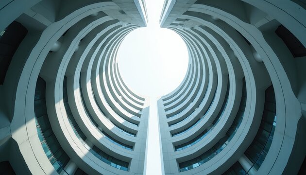 Modern architecture building with circular geometric design shows repeating curved levels. White concrete structure features central open space looking up towards sky. Contemporary style office