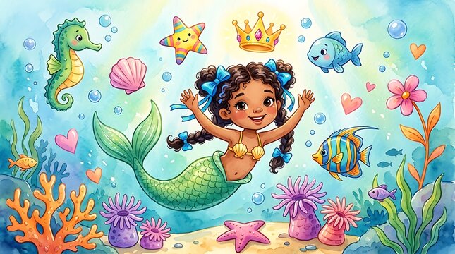 Cute cartoon mermaid with brown hair and a green tail swimming underwater surrounded by colorful coral, tropical fish, a seahorse, and a crown