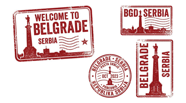 Set of vintage red ink rubber stamp vector illustrations featuring the famous Belgrade Pobednik monument design