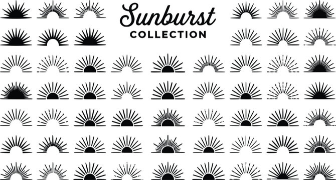 Vintage sunburst collection with 50 black sun ray icons, retro sunrise and sunset line art elements, minimalist celestial vector set for logo design