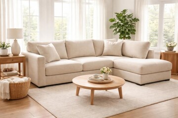 Fototapeta premium Cozy Beige Sectional Sofa in Bright Living Room - Modern Decor, Natural Light