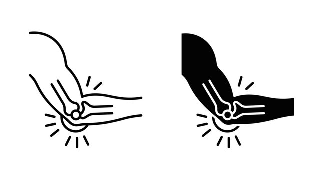 Elbow Pain Icon Set Vector with Joint Inflammation Outline and Solid Orthopedic Medical Icons