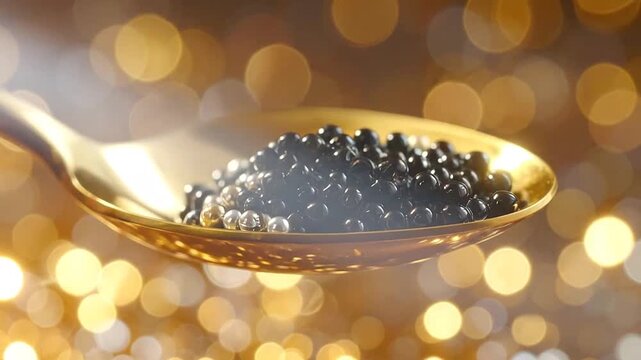 A golden spoon holds a portion of dark gourmet fish eggs against a soft glowing background