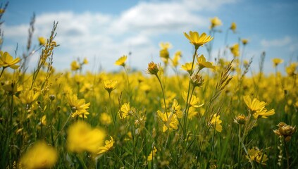 Fototapeta premium Field of Bright Yellow Wildflowers Under a Blue Sky with Soft Clouds