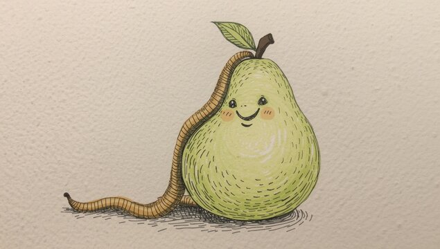 Cartoon pear character with a smiling face and worm companion